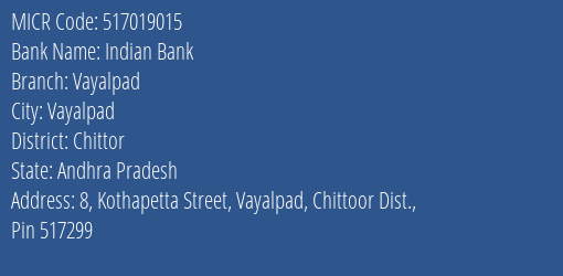 Indian Bank Vayalpad Branch Address Details and MICR Code 517019015