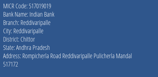 Indian Bank Reddivaripalle Branch Address Details and MICR Code 517019019