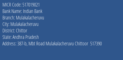 Indian Bank Mulakalacheruvu Branch Address Details and MICR Code 517019021