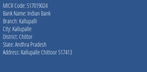 Indian Bank Kallupalli Branch Address Details and MICR Code 517019024