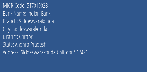 Indian Bank Siddeswarakonda Branch Address Details and MICR Code 517019028