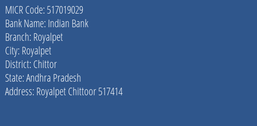 Indian Bank Royalpet Branch Address Details and MICR Code 517019029