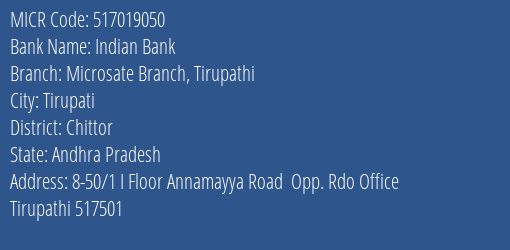 Indian Bank Microsate Branch Tirupathi Branch Address Details and MICR Code 517019050
