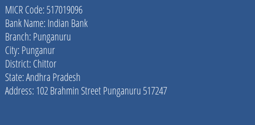 Indian Bank Punganuru Branch Address Details and MICR Code 517019096