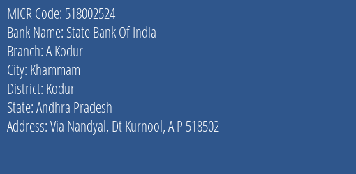 State Bank Of India A Kodur MICR Code