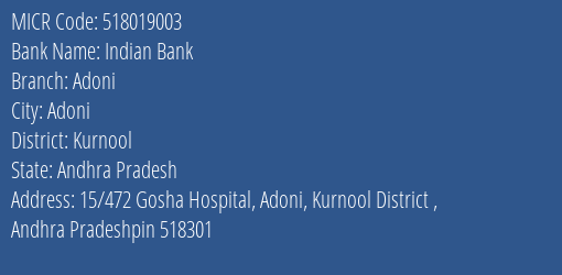 Indian Bank Adoni MICR Code