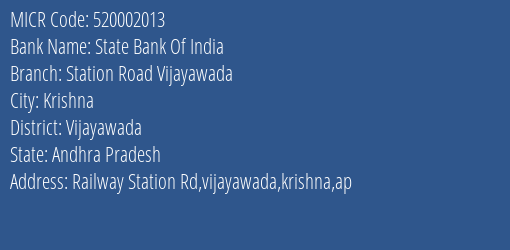 State Bank Of India Station Road Vijayawada MICR Code