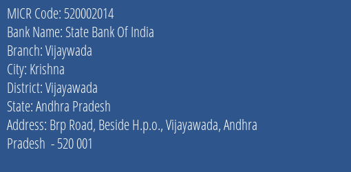 State Bank Of India Vijaywada MICR Code