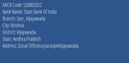 State Bank Of India Sarc Vijayawada MICR Code