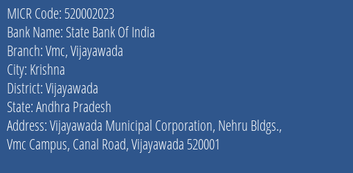 State Bank Of India Vmc Vijayawada MICR Code