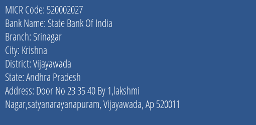 State Bank Of India Srinagar MICR Code