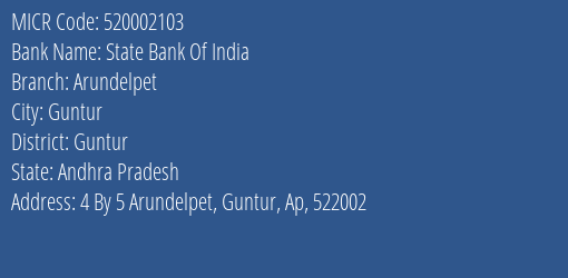 State Bank Of India Arundelpet Branch Address Details and MICR Code 520002103