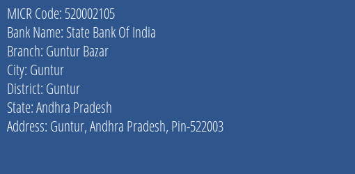 State Bank Of India Guntur Bazar Branch Address Details and MICR Code 520002105