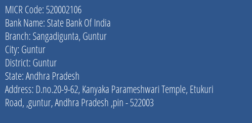 State Bank Of India Sangadigunta Guntur Branch Address Details and MICR Code 520002106
