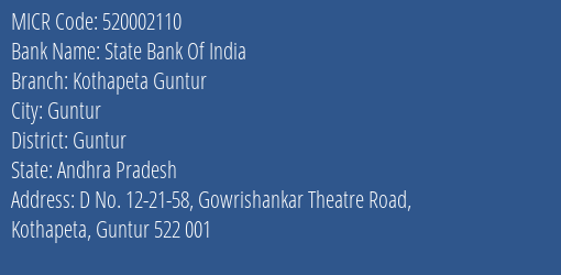 State Bank Of India Kothapeta Guntur Branch Address Details and MICR Code 520002110