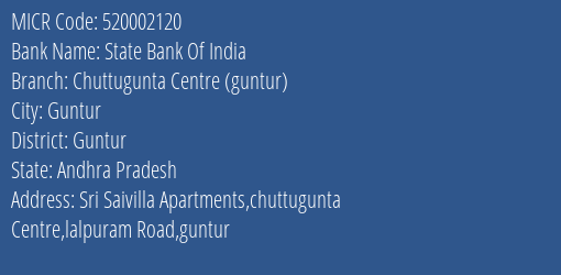 State Bank Of India Chuttugunta Centre (guntur) Branch Address Details and MICR Code 520002120