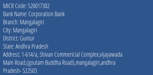 Corporation Bank Mangalagiri MICR Code