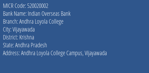 Indian Overseas Bank Andhra Loyola College MICR Code