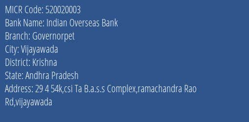 Indian Overseas Bank Governorpet MICR Code