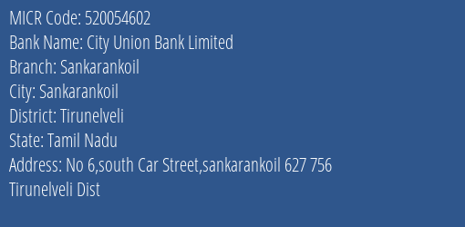 City Union Bank Limited Sankarankoil MICR Code