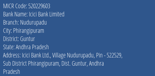 Icici Bank Nudurupadu Branch Address Details and MICR Code 520229603