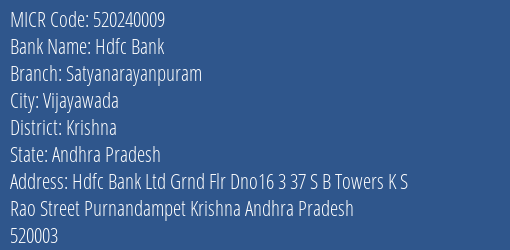Hdfc Bank Satyanarayanpuram Branch Address Details and MICR Code 520240009
