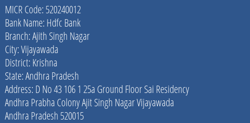 Hdfc Bank Ajith Singh Nagar Branch Address Details and MICR Code 520240012