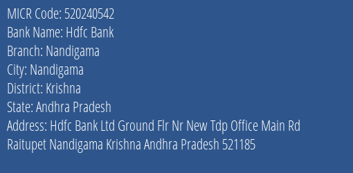 Hdfc Bank Nandigama Branch Address Details and MICR Code 520240542