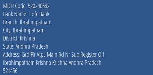 Hdfc Bank Ibrahimpatnam Branch Address Details and MICR Code 520240582