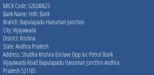 Hdfc Bank Bapulapadu Hanuman Junction Branch Address Details and MICR Code 520240623