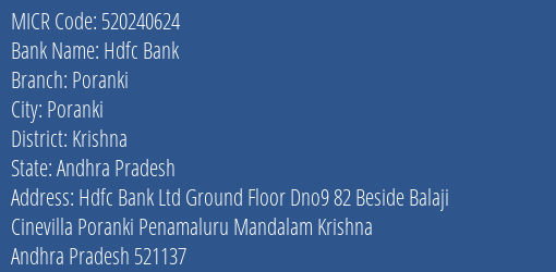 Hdfc Bank Poranki Branch Address Details and MICR Code 520240624