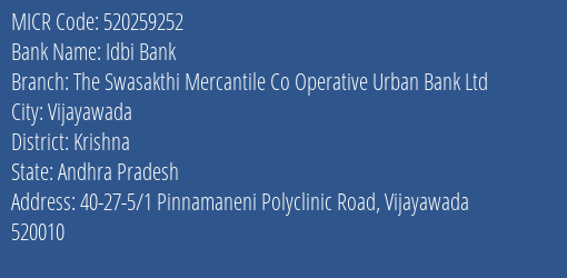 The Swasakthi Mercantile Co Operative Urban Bank Ltd Polyclinic Road MICR Code