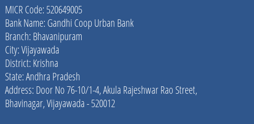 Gandhi Coop Urban Bank Bhavanipuram MICR Code
