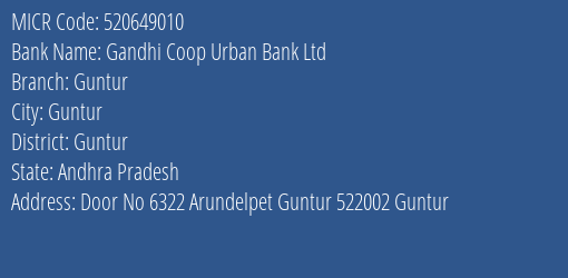 Gandhi Coop Urban Bank Ltd Guntur MICR Code