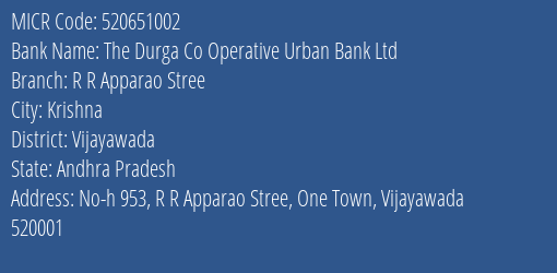 The Durga Co Operative Urban Bank Ltd R R Apparao Stree MICR Code