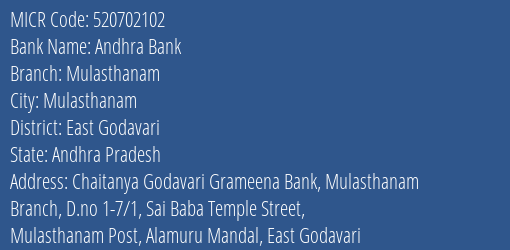 Andhra Bank Mulasthanam MICR Code