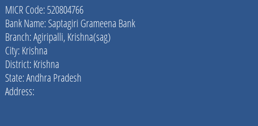 Saptagiri Grameena Bank Agiripalli Krishna Sag MICR Code