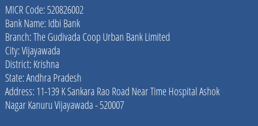 The Gudivada Coop Urban Bank Limited Ashok Nagar MICR Code