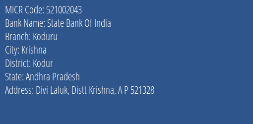 State Bank Of India Koduru MICR Code
