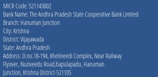 The Andhra Pradesh State Cooperative Bank Limited Hanuman Junction MICR Code