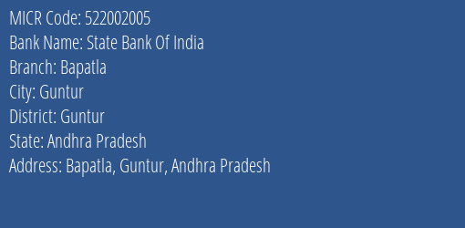 State Bank Of India Bapatla Branch Address Details and MICR Code 522002005