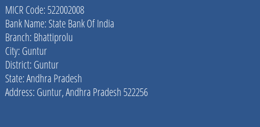 State Bank Of India Bhattiprolu Branch Address Details and MICR Code 522002008