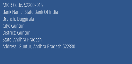 State Bank Of India Duggirala Branch Address Details and MICR Code 522002015