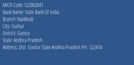 State Bank Of India Nadikudi Branch Address Details and MICR Code 522002041