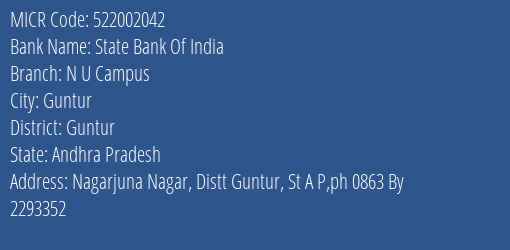 State Bank Of India N U Campus Branch Address Details and MICR Code 522002042