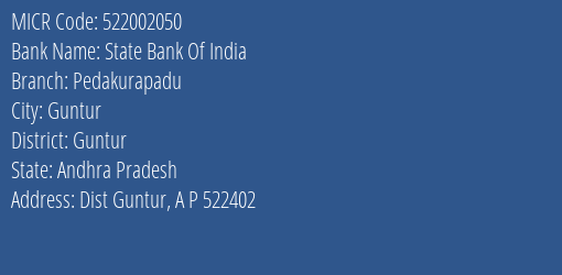 State Bank Of India Pedakurapadu Branch Address Details and MICR Code 522002050