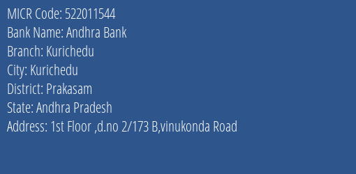 Andhra Bank Kurichedu Branch Address Details and MICR Code 522011544