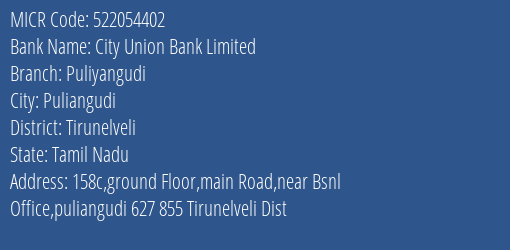City Union Bank Limited Puliyangudi MICR Code