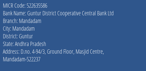 Guntur District Cooperative Central Bank Ltd Mandadam MICR Code