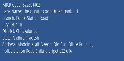 The Guntur Coop Urban Bank Ltd Police Station Road MICR Code